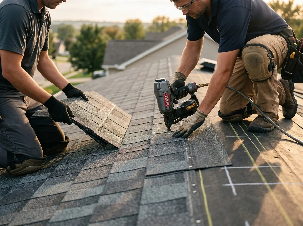 Professional roofer working on a residential roof in Valley Center
